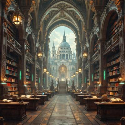 The primary subject of the image is a large library filled with books. The setting is a grand, ornate building with a high ceiling and a large archway. The visual style is a combination of photo and digital art, creating a realistic yet artistic representation of the library. The colors and mood are predominantly dark and moody, with the focus on the vast collection of books and the architectural details of the library.